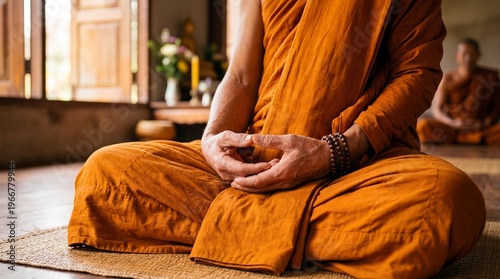 A monk dressed in orange robes meditates indoors, sitting cross-legged on a woven mat with hands resting in a meditative gesture.