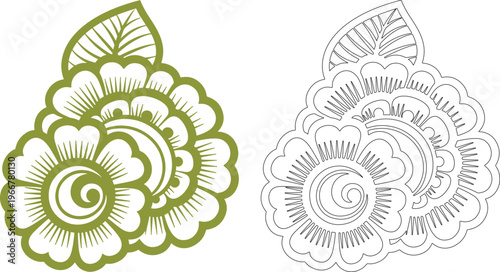 Green Indian mehndi floral motif outline and filled