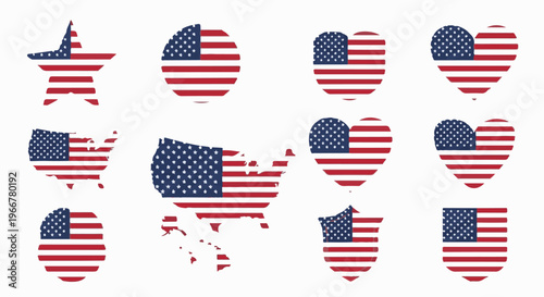 Collection of stylized American flag shapes, including a star, circle, hearts, and maps