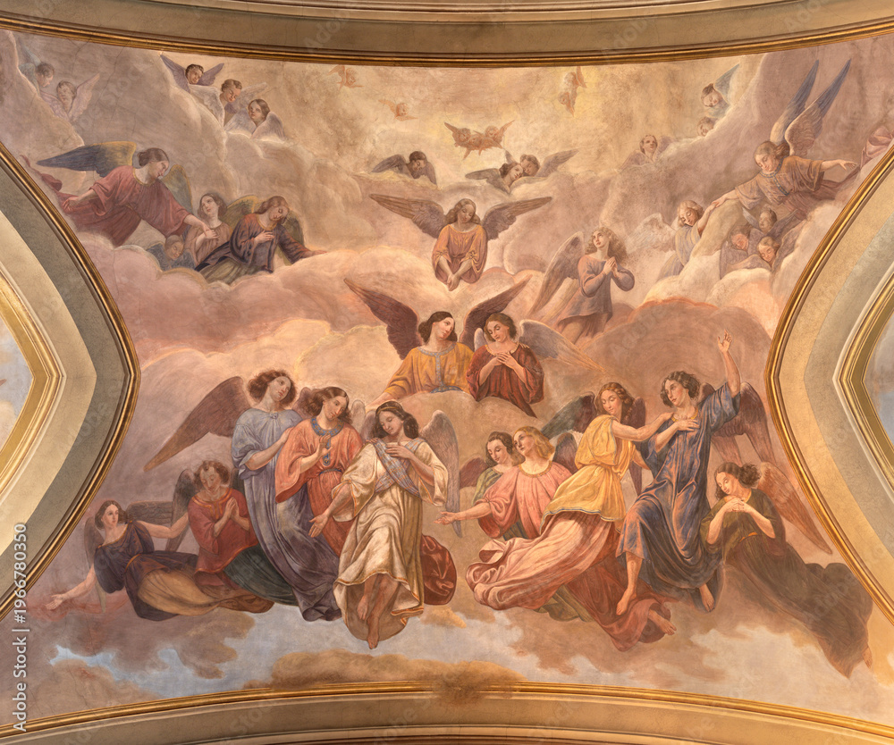 Fototapeta premium MONZA, ITALY - MARCH 19, 2026: The neo baroque fresco of angels in the church Chiesa San Gerardo al Corpo by Gaetano Barabini (1857)