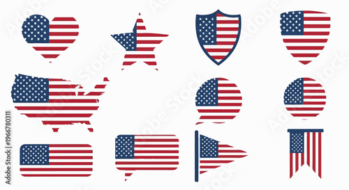 Diverse American flag graphic icons, including maps and shapes