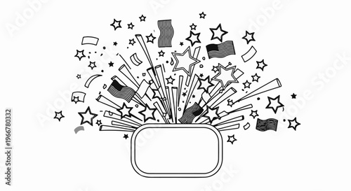 Festive explosion of stars, flags, and streamers surrounds an empty frame