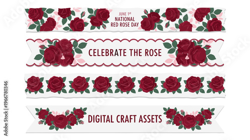 Four decorative digital craft banners featuring vibrant red roses and green leaves, with text celebrating National Red Rose Day and the beauty of roses.