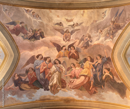 MONZA, ITALY - MARCH 19, 2026: The neo baroque fresco of angels in the church Chiesa San Gerardo al Corpo by Gaetano Barabini (1857)