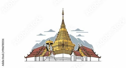 Golden stupa and temple roofs against mountains and clouds