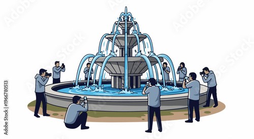 People photograph a multi-tiered water fountain with cascading water jets