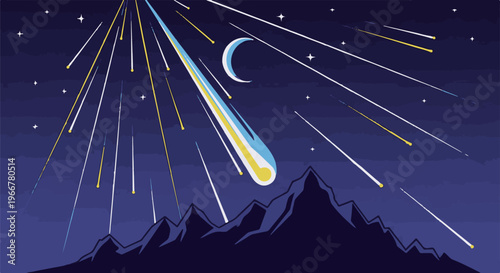 Night sky over mountains with a bright meteor shower and crescent moon