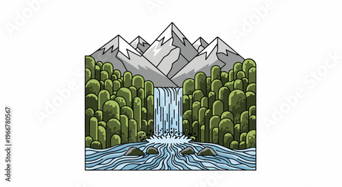 Pixelated mountains cascade water over lush green hills into a flowing river