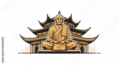 Serene golden monk meditates before a traditional tiered pagoda structure