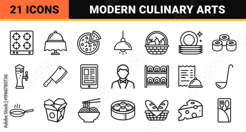Hospitality and Gastronomy Minimalist Monoline Grid; Geometric Line Art for Modern Restaurant Management and Culinary Service Interfaces.