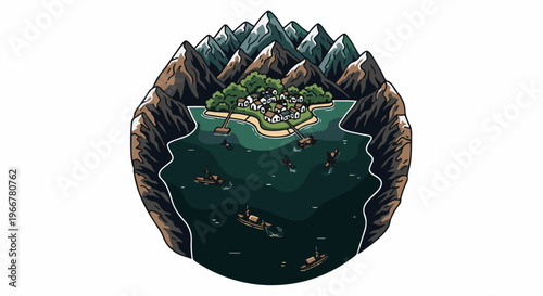 Small island village nestled among majestic mountains and serene waters