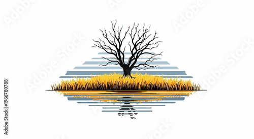 Stylized bare tree on grassy island with layered horizon and reflection