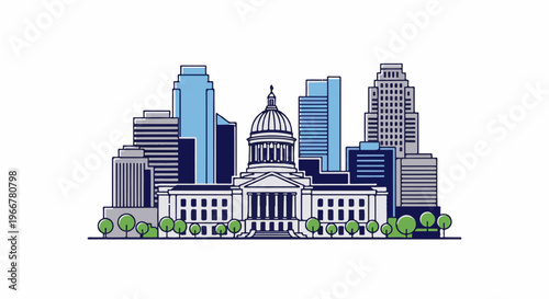 Stylized illustration of a city skyline with a prominent dome building