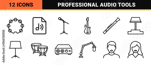 Professional Audio Production and Orchestral Music Outline Icon Set Featuring minimalist Monoline Geometric Sound and Instrument Symbols