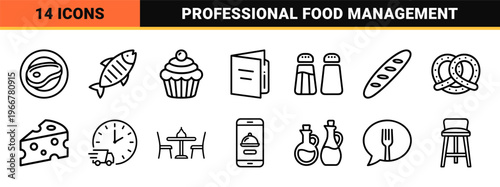 Professional Restaurant and Gastronomy Outline Symbols featuring Minimalist Monoline Aesthetic for Modern Culinary Branding and Menu Design.