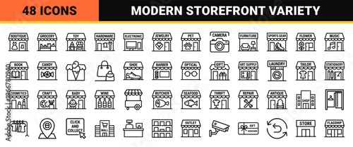 Commercial Retail Storefronts and Shop Kiosks Minimalist Geometric Line Art Set for Modern Business Navigation and Web Interface Design