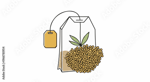 A tea bag illustration with a cluster of chamomile flowers bursting out