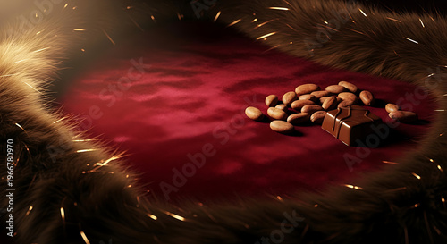 Dark red velvet background with chocolate and hazelnuts sparkles