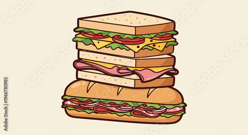 A towering stack of multiple sandwiches and a hero roll