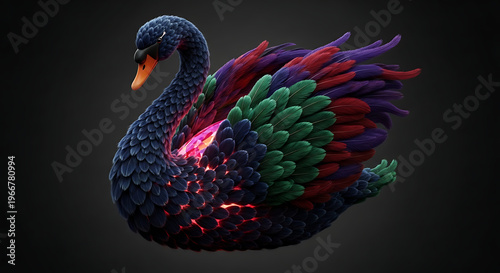 A vibrant, stylized black swan with fiery red and green plumage.