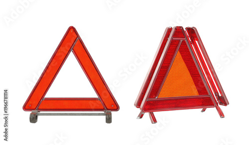 Two orange emergency warning triangles, one open and one closed, against a transparent background
