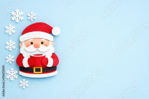 Festive Santa Claus with Coffee and Snowflakes: An adorable depiction of Santa Claus is holding a cup of coffee. Accompanying him are several white snowflakes, all set against a cool blue backdrop.