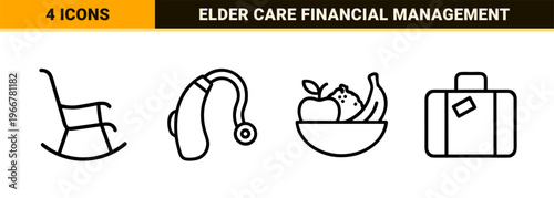 Retirement Planning and Senior Life Minimalist Monoline Icon Set, Geometric Outline Symbols for Pension and Geriatric Care Logistics.