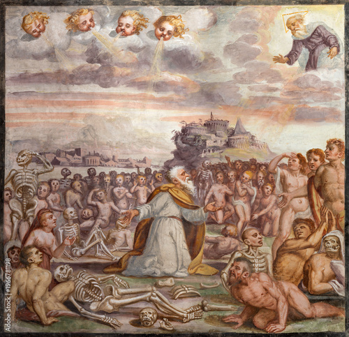 Valokuva BERGAMO, ITALY - MARCH 21, 2026: The fresco of the prophecy of Ezekiel about the dry bones in Babylon in the church Michele al Pozzo Bianco by Lucano da Imola detto Gaggio (1550)