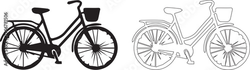 Classic city bicycle icon in black silhouette and outline style isolated on white background vector illustration
