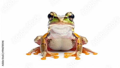 Cute realistic frog sitting upright, funny expression, clean white background, isolated subject, soft lighting, smooth shadow, high detail skin texture, 8K stock image