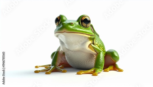 Cute realistic frog sitting upright, funny expression, clean white background, isolated subject, soft lighting, smooth shadow, high detail skin texture, 8K stock image