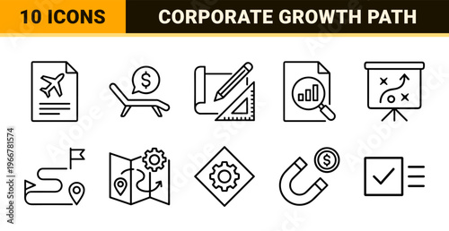 Strategic Business Roadmap and Project Management Minimalist Monoline Line Art Set for Corporate Planning and Agile Workflow Systems