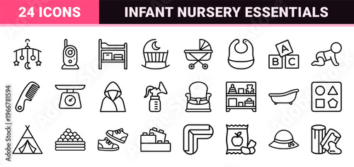 Baby Nursery and Newborn Care Outline Symbols in Minimalist Monoline Style for Professional Branding and Parenting Mobile App Design
