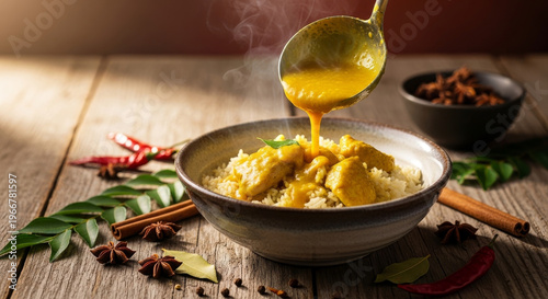 Bright yellow curry sauce in a ladle drizzling into a bowl