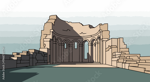 Ancient stone ruins under a pale sky