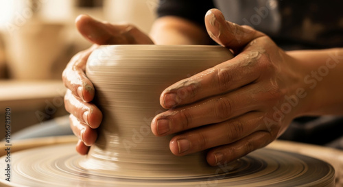 Freshly turned pottery spinning on a wheel