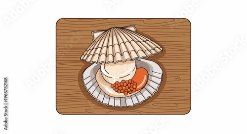 Delicious scallop with roe served on a rustic wooden plank