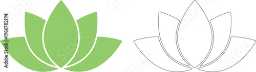 Green lotus silhouette and outline side by side flower