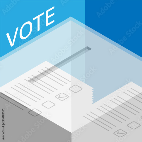 Isometric transparent ballot box for collecting ballots at the polls, square campaign web banner template. Cartoon 3D vector on blue background