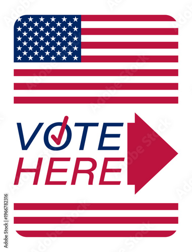Isometric vertical vote here sign against the backdrop of an American flag. Cartoon 3D vector on blue background