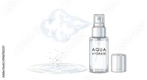 Minimal line art perfume spray bottle with AQUA HYDRATE label, cosmetic fragrance packaging vector in blue gray, clean outline icon for branding