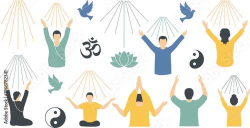 Various figures in yoga poses and spiritual gestures receive light rays alongside Om symbols, yin yang icons, and a lotus flower.