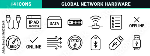 Minimalist Monoline Wireless Technology and Network Infrastructure Geometric Line Art Outline Icons for IT Hardware and Digital Connectivity
