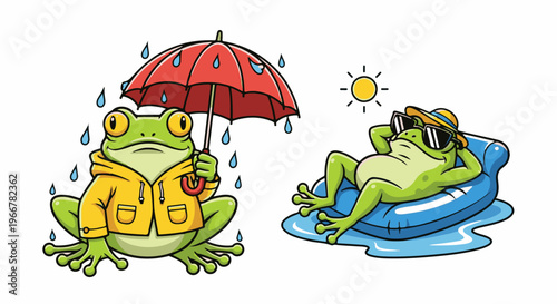 Cartoon frogs enjoying opposite weather conditions