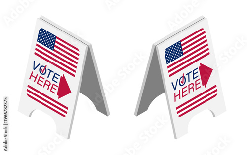 Isometric Vote here plastic floor sign to indicate directions to the polling station. Cartoon 3D vector on blue background