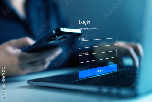 Quadro su tela Businesswoman using smartphone with secure login interface on laptop, entering email and password, cybersecurity, user authentication, data protection and secure access to digital platform technology