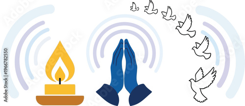 Praying hands and a lit candle emit spiritual energy waves while doves fly in an arc toward the light.