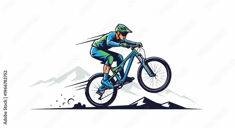 Fototapeta premium Downhill mountain biker jumps over terrain with mountains in background