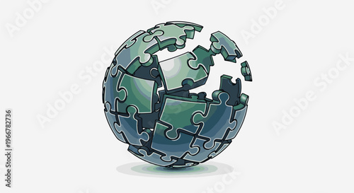 Fragmented spherical globe made of puzzle pieces, some detached