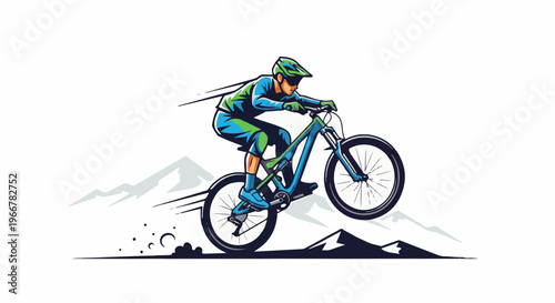 Downhill mountain biker jumps over terrain with mountains in background
